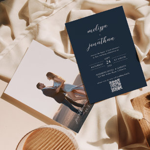 Invitación Boda de código QR con guión de foto azul de la Mar