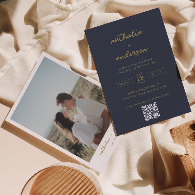Invitación Boda de código QR con guión de oro azul de la Mari (Subido por el creador)