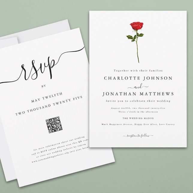 Invitación Boda de código QR con guion elegante de rosa roja  (Single red rose elegant script wedding qr code invitation Watercolor floral minimalist stylish chic)