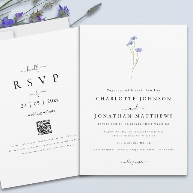 Invitación Boda de código QR con guión elegante simple de flo (Minimalist wildflower elegant boho wedding qr code invitation )