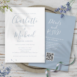 Invitación Boda de código QR con guión elegante y azul turbio