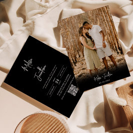 Invitación Boda de código QR con guión gráfico negro mínimo c