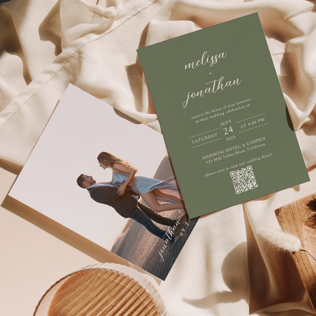 Invitación Boda de código QR con guión verde profundo (Subido por el creador)