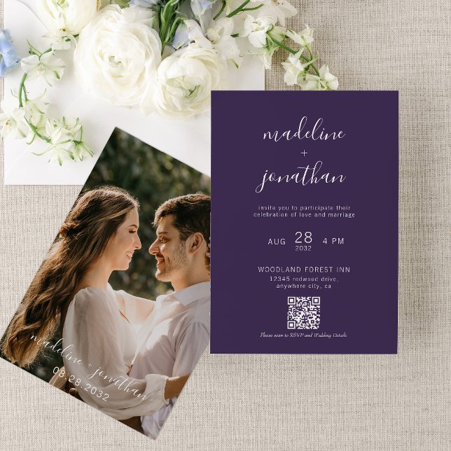Invitación Boda de código QR con guion violeta simple púrpura (Subido por el creador)