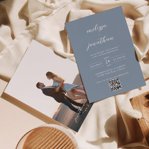 Invitación Boda de código QR con guiones azul y blanco