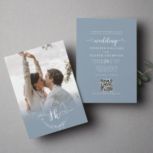 Invitación Boda de código QR con monograma azul con polvo flo