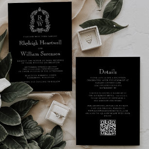 Invitación Boda de código QR con monograma de cresta en blanc