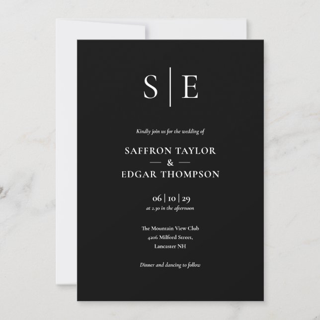 Invitación Boda de código QR con monograma en negro y blanco (Anverso)