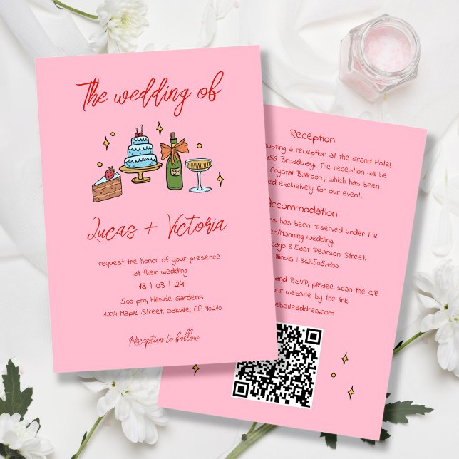 Invitación Boda de código QR con retro rosa dibujado a mano (Subido por el creador)