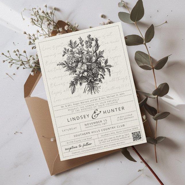 Invitación Boda de código QR cristiano simple con sabor vinta (Elegant modern black vintage floral label style botanical QR code Christian verse wedding invitation)