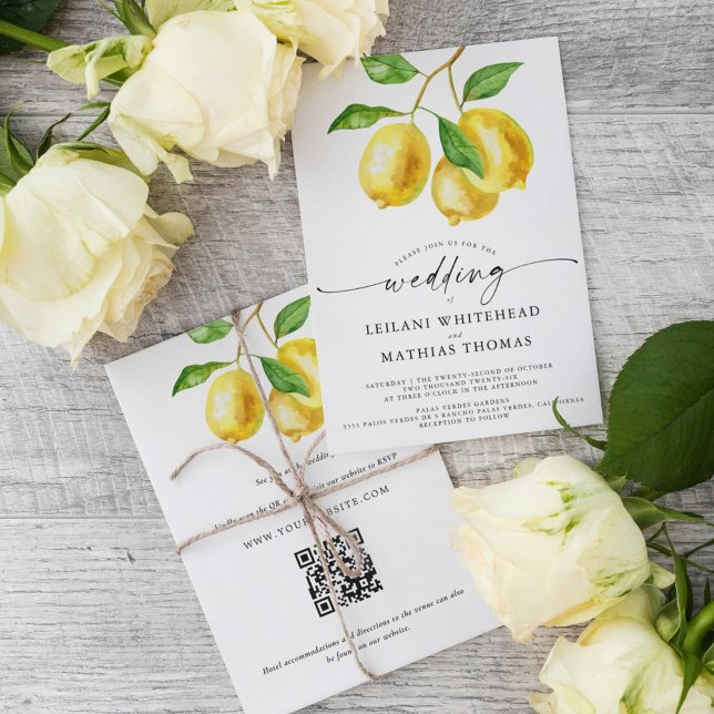 Invitación Boda de código QR de acuarela de cítricos limón (Our Lemon Citrus Watercolor RSVP QR Code Wedding Invite is the perfect way to simplify your RSVPs.)