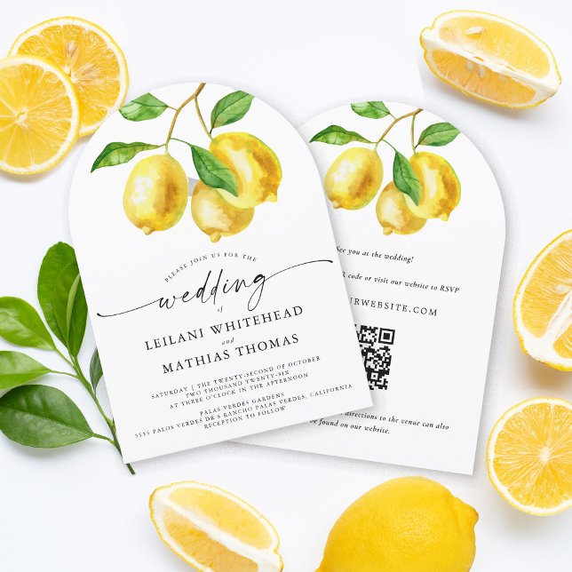 Invitación Boda de código QR de acuarela de cítricos limón (Our Lemon Citrus Watercolor RSVP QR Code Wedding Invitation is the perfect way to simplify)