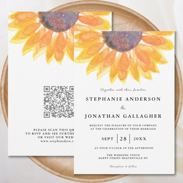 Invitación Boda de código QR de acuarela de girasol moderno (Subido por el creador)