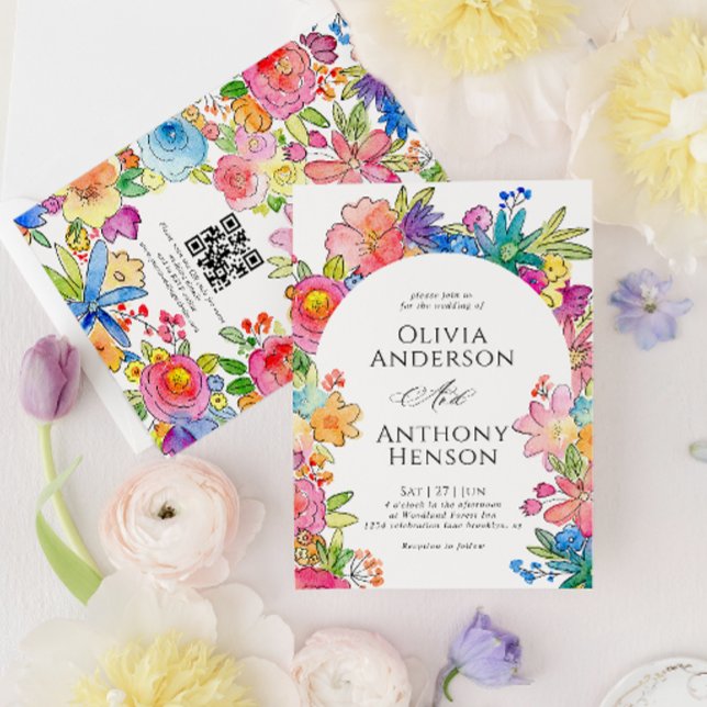 Invitación Boda de código QR de acuarela floral de negrita br (Subido por el creador)