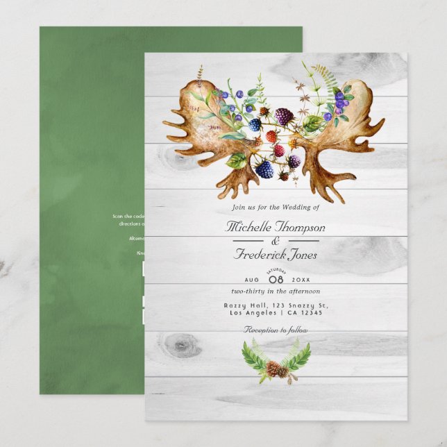 Invitación Boda de código QR de acuarela forestal rústica RSV (Anverso / Reverso)