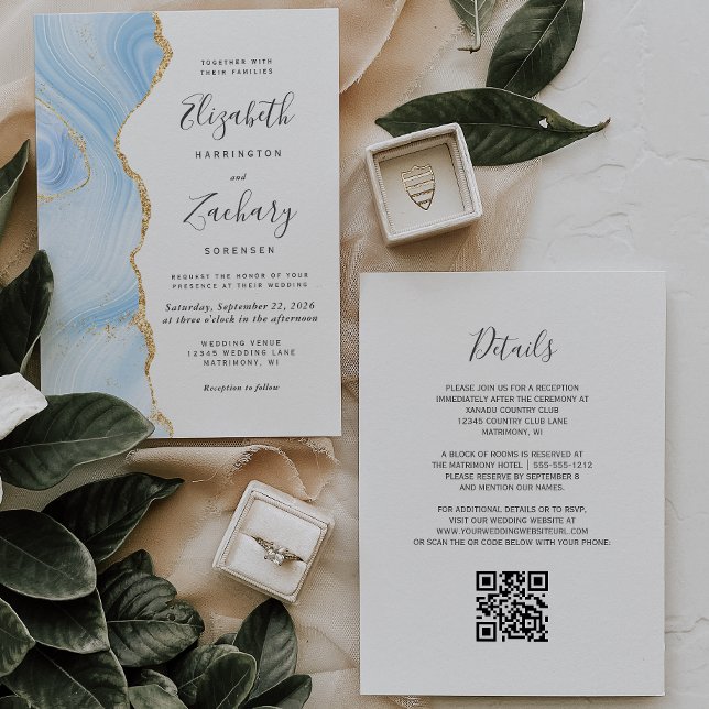 Invitación Boda de código QR de ágata dorada azul bebé modern (Subido por el creador)