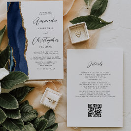 Invitación Boda de código QR de ágata dorada azul marino