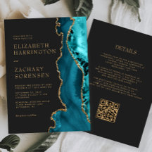 Boda de código QR de ágata dorada azul teal