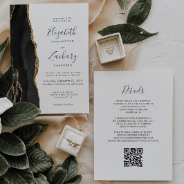 Invitación Boda de código QR de ágata dorada negra moderna
