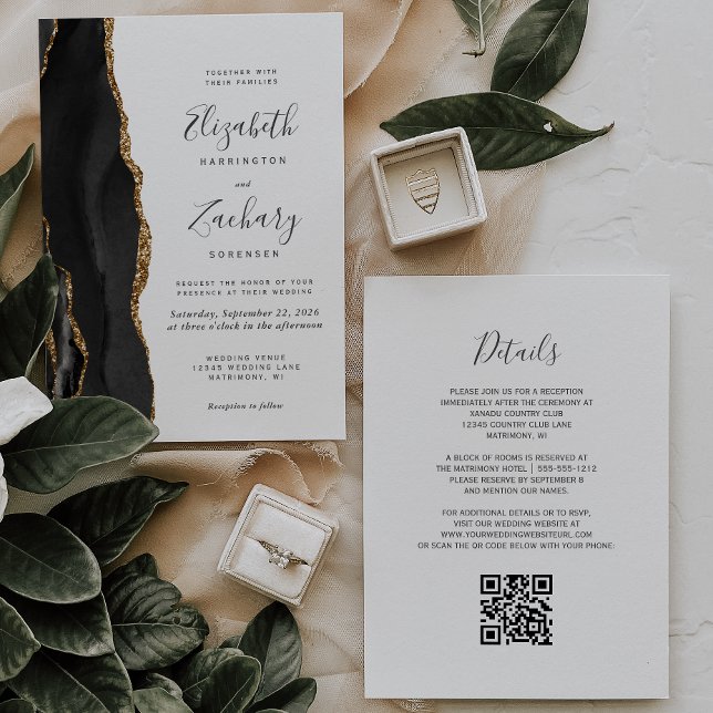 Invitación Boda de código QR de ágata dorada negra moderna (Subido por el creador)