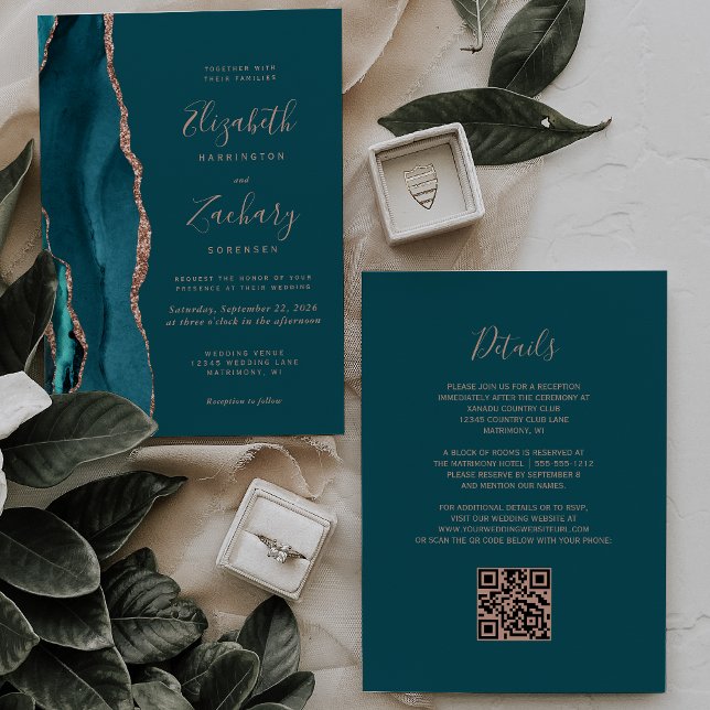 Invitación Boda de código QR de ágata dorada rosa azulada chi (Subido por el creador)