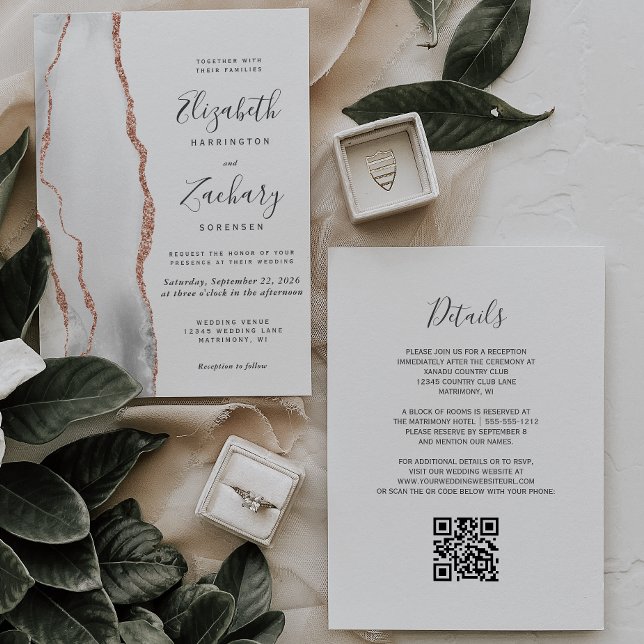 Invitación Boda de código QR de ágata gris moderno y oro rosa (Subido por el creador)