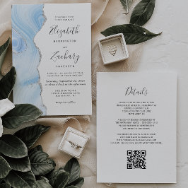 Invitación Boda de código QR de ágata plateada azul bebé mode