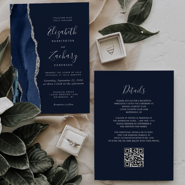 Invitación Boda de código QR de ágata plateada azul marino mo (Subido por el creador)