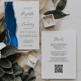 Invitación Boda de Código QR de Ágata Plateada Azul Real Mode