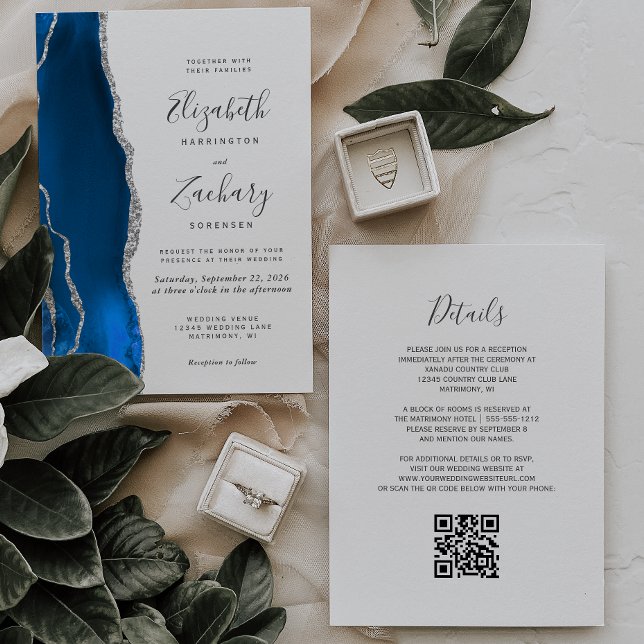 Invitación Boda de Código QR de Ágata Plateada Azul Real Mode (Subido por el creador)