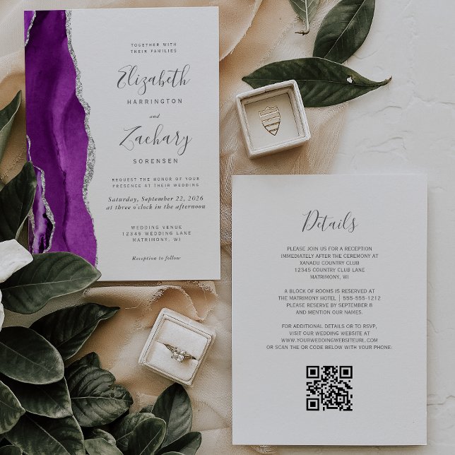 Invitación Boda de código QR de ágata plateada púrpura modern (Subido por el creador)