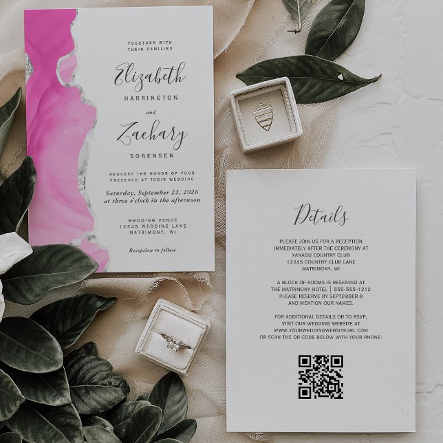 Invitación Boda de código QR de ágata plateada rosa moderna (Subido por el creador)