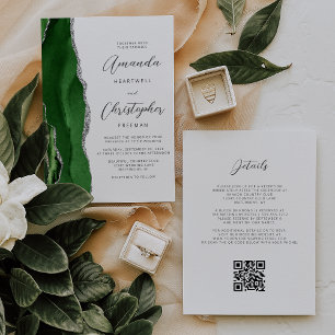 Invitación Boda de código QR de ágata plateada verde cazador