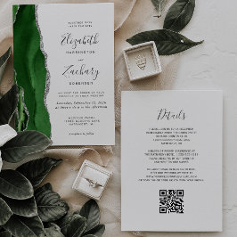Invitación Boda de código QR de ágata plateada verde cazador