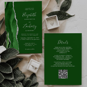 Invitación Boda de Código QR de Ágata Plateada Verde Cazador 