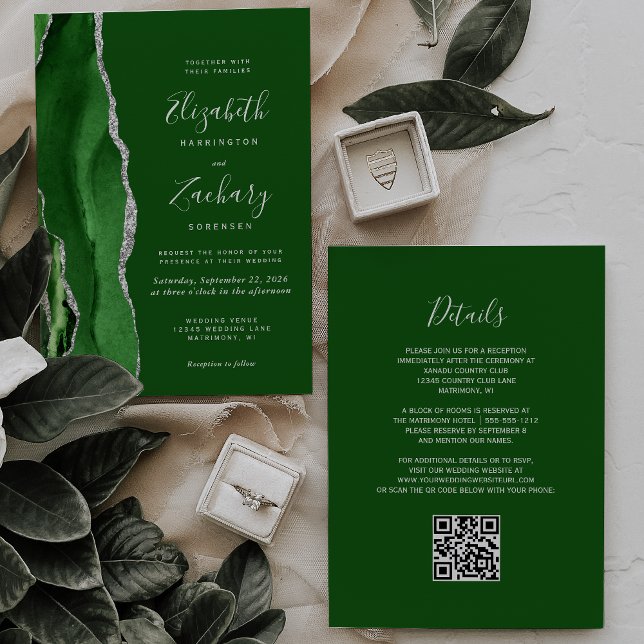 Invitación Boda de Código QR de Ágata Plateada Verde Cazador  (Subido por el creador)