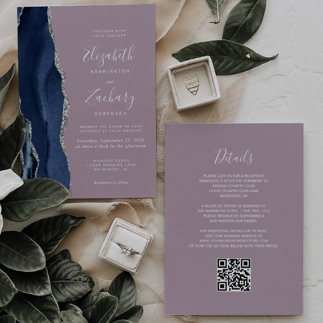 Invitación Boda de código QR de Agate Blue Silver Agate Mauve (Subido por el creador)