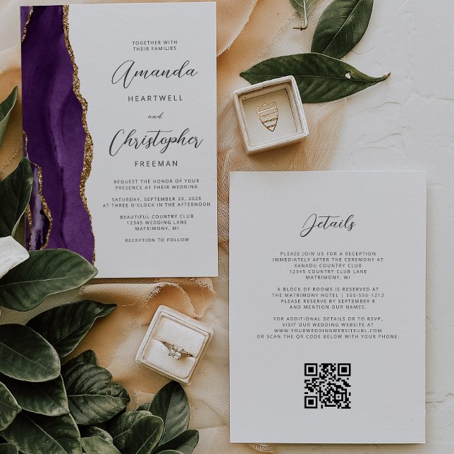 Invitación Boda de código QR de Agate de Oro Púrpura (Subido por el creador)