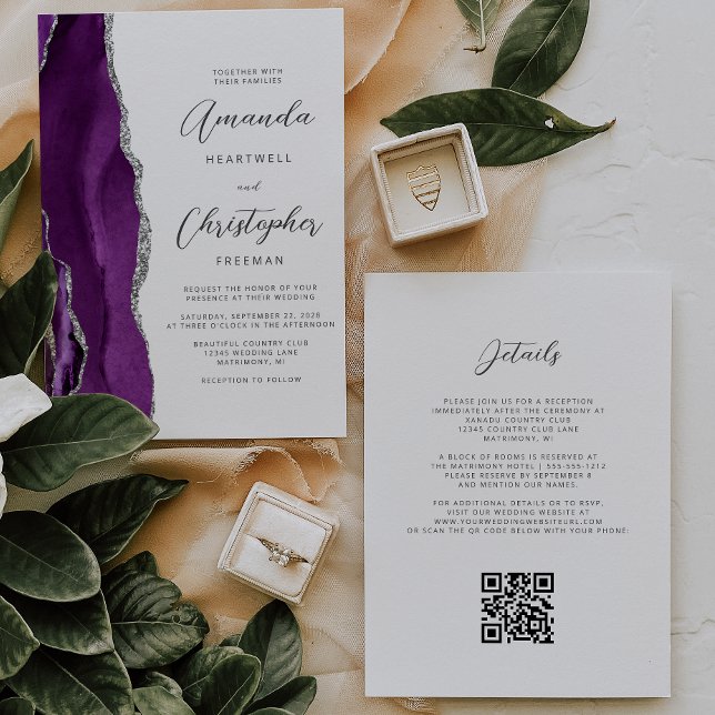 Invitación Boda de código QR de Agate de Plata Púrpura (Subido por el creador)