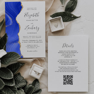 Invitación Boda de código QR de Agate Royal Blue Gold