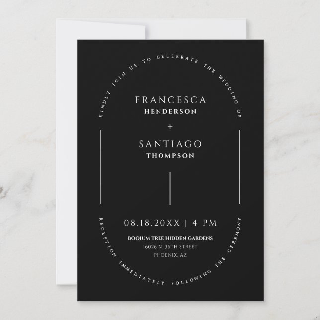 Invitación Boda de código QR de arco mínimo blanco y negro (Anverso)