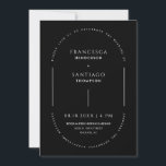 Invitación Boda de código QR de arco mínimo blanco y negro<br><div class="desc">Esta elegante y moderna invitación a la boda minimalista presenta un elegante diseño en arco con texto circular que dice "amablemente únete a nosotros para celebrar al boda de" elegantemente colocado en la parte superior, añadiendo un toque romántico y formal a un fondo negro. El sofisticado tipo de letra serif...</div>