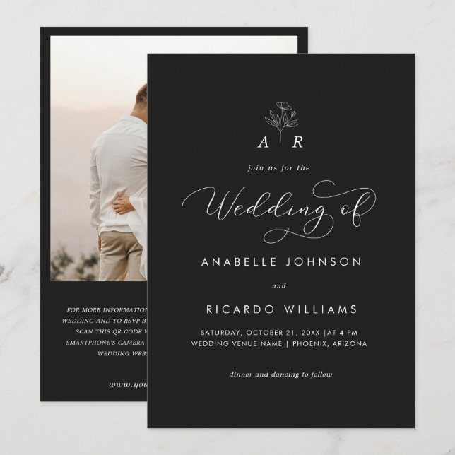 Invitación Boda de código QR de autoría de monograma de flor  (Anverso / Reverso)
