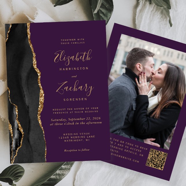 Invitación Boda de código QR de Black Gold Agate Purple Photo (Subido por el creador)