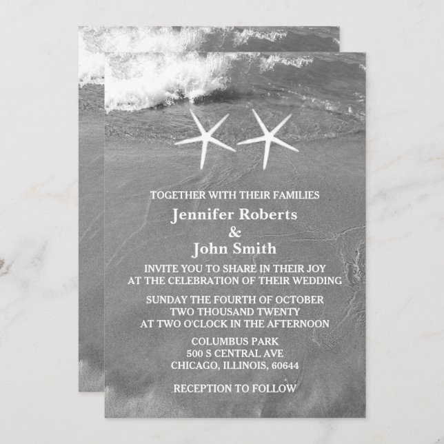 Invitación Boda de código QR de Black White Beach Photo Starf (Anverso / Reverso)