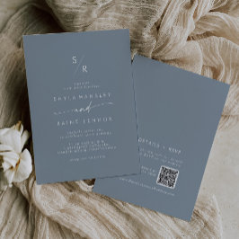Invitación Boda de código QR de Boho Moda Dusty Blue Monogram
