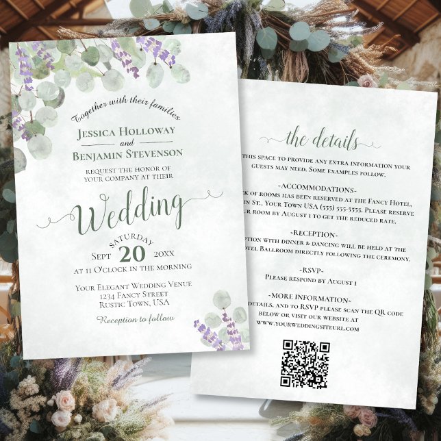 Invitación Boda de código QR de Boho Rústico Eucalyptus y Lav (Front/Back)