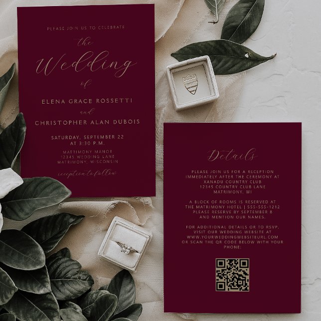 Invitación Boda de código QR de Borgoña con guión de oro mode (Subido por el creador)