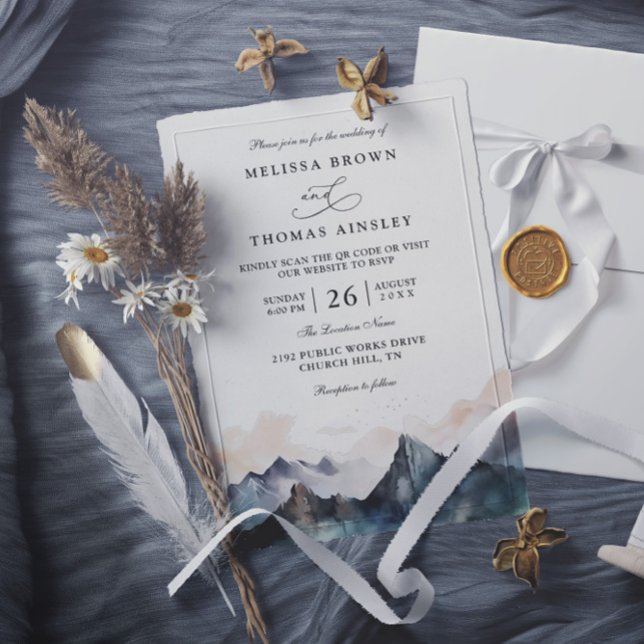 Invitación Boda de código QR de bosque de montaña con acuarel (Subido por el creador)