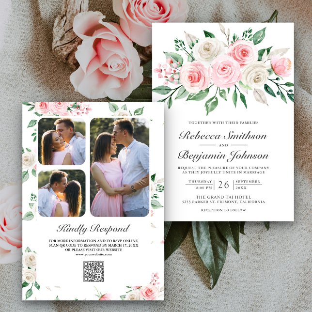 Invitación Boda de código QR de Bouquet floral rosa Rubor (Subido por el creador)